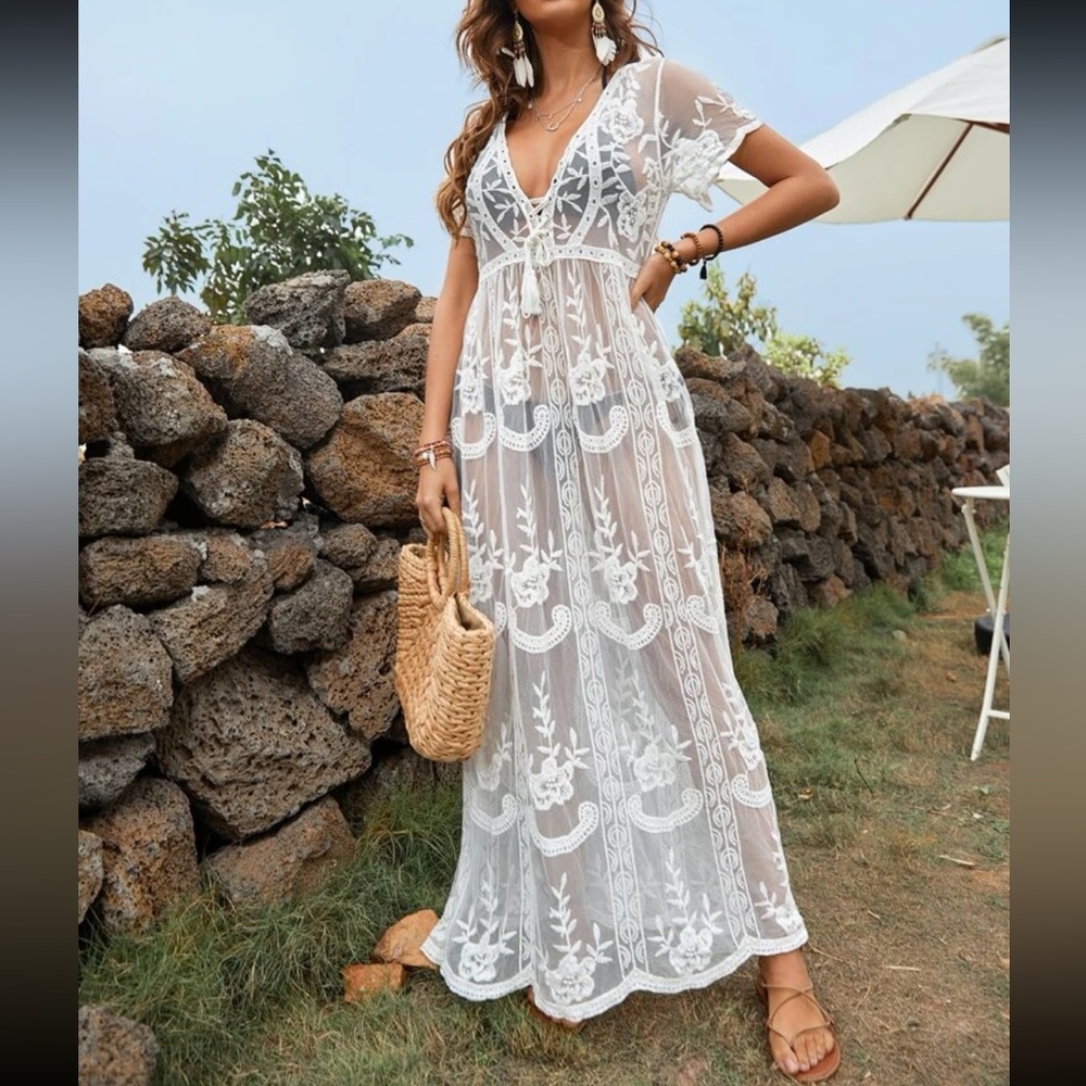 Black Boho Floral Lace Sheer Mesh Cover Up One Size - Picture 6 of 13